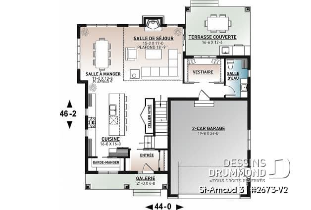 Rez-de-chaussée - Plan de maison farmhouse américaine, 4 chambres, superbe cuisine, garage double, terrasse abritée - St-Arnaud 3
