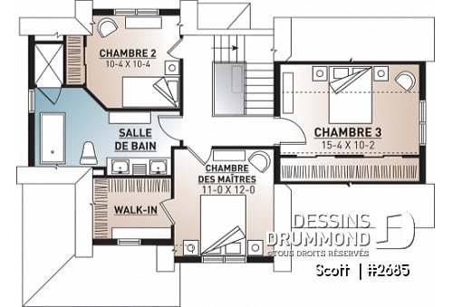 Étage - Plan de maison Tudor 3 chambres, garage, espace remarquablement ouvert, buanderie, îlot - Scott 
