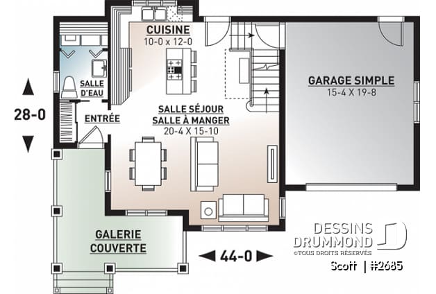 Rez-de-chaussée - Plan de maison Tudor 3 chambres, garage, espace remarquablement ouvert, buanderie, îlot - Scott 
