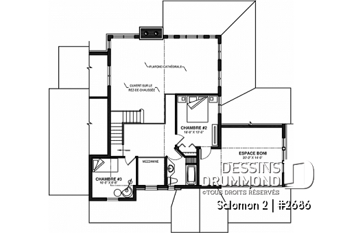 Étage - Plan de maison Craftsman, 3 à 4 chambres, garage double, mezzanine + cathédral, bureau, grand espace boni - Salomon 2