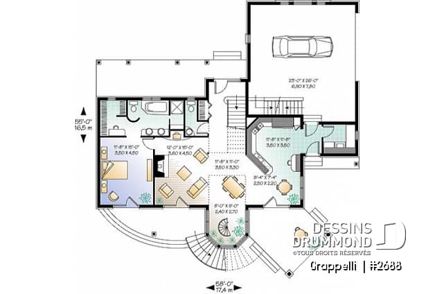 Rez-de-chaussée - Plan de maison lumineuse, 3 à 4 chambres, garage double avec pièce boni, superbe tourelle, foyer - Grappelli 
