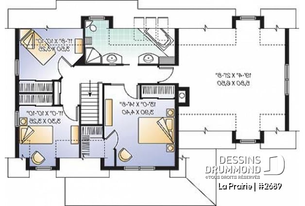 Étage - Plan de maison de campagne avec garage double, 3+ chambres, bureau à domicile et grand espace boni - La Prairie