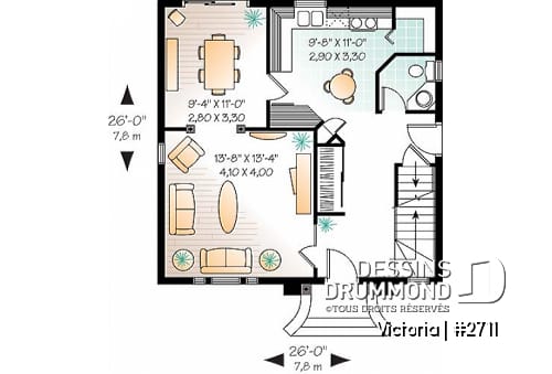 Rez-de-chaussée - Plan de maison inspiration victorienne, 3 chambres, salle dîner formelle, garde-manger, fenestration spéciale - Victorien