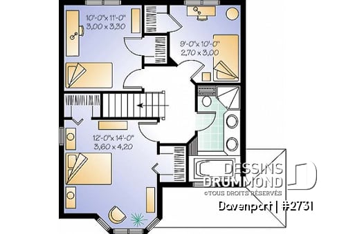 Étage - Plan de maison à étages, 3 chambres, fenestration abondante, cuisine avec îlot - Davenport