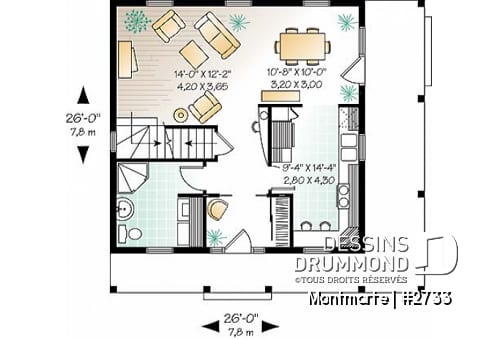 Rez-de-chaussée - Plan de maison style anglais, 3 chambres, 2 salles de bain complètes, cuisine fort originale - Montmarte