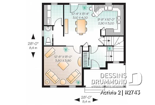 Rez-de-chaussée - Plan d'un Cottage de 3 chambres avec galerie arbitrée, îlot à la cuisine et salle de lavage au 1er - Acrivie 2