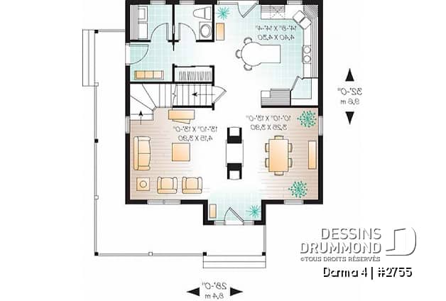 Rez-de-chaussée - Plan de maison champêtre américaine, 3 chambres, espace ouvert avec foyer mitoyen - Darma 4