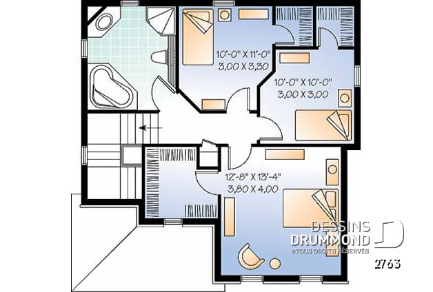 Étage - Plan de maison européenne, 3 chambres, salle de lavage au premier, balcon avant abrité - 