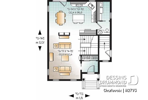 Rez-de-chaussée - Plan de maison de style cottage champêtre, 3 chambres, îlot à la cuisine, salle de lavage au rez-de-chaussée - Charlevoix