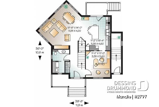 Rez-de-chaussée - Plan champêtre confortable, 3 grandes chambres, bureau à domicile, grande salle familiale bien fenestrée - Manalie