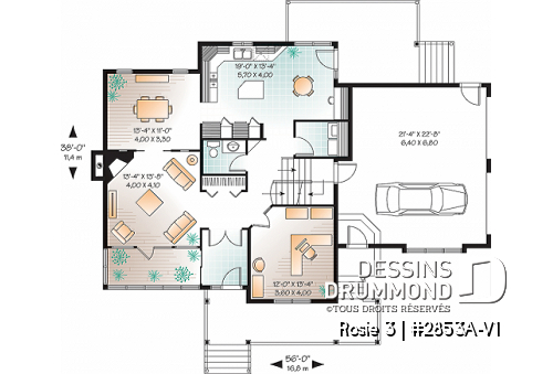 Rez-de-chaussée - Plan de maison Craftsman 3 à 4 chambres, bureau à domicile, solarium, garage double, foyer, salle à manger - Rosie 3