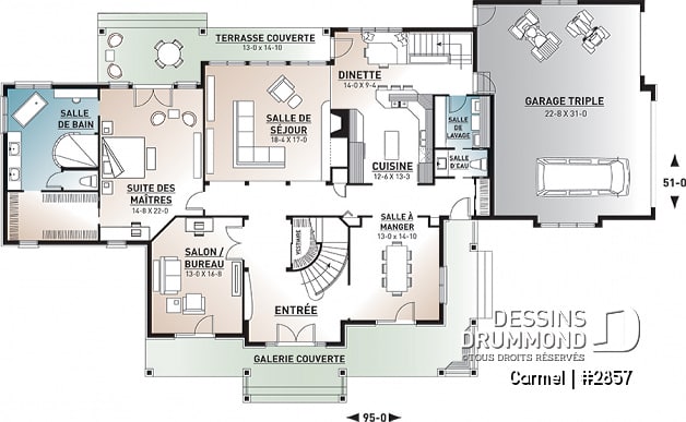 Rez-de-chaussée - Plan de maison luxueuse avec 5 chambres, suite des maîtres au r-d-c, plafond cathédrale, garage triple - Carmel