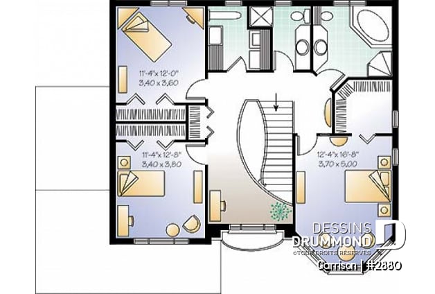 Étage - Plan de maison avec 2 salles familiales, 3 chambres, grand walk-in aux maîtres, garage double - Garrison