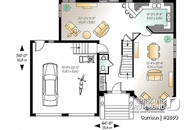 Rez-de-chaussée - Plan de maison avec 2 salles familiales, 3 chambres, grand walk-in aux maîtres, garage double - Garrison