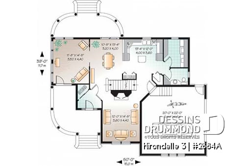 Rez-de-chaussée - Plan de maison farmhouse américaine, 4 chambres, garage double, suite maîtres, solarium, plafond 9' - Hirondelle 3