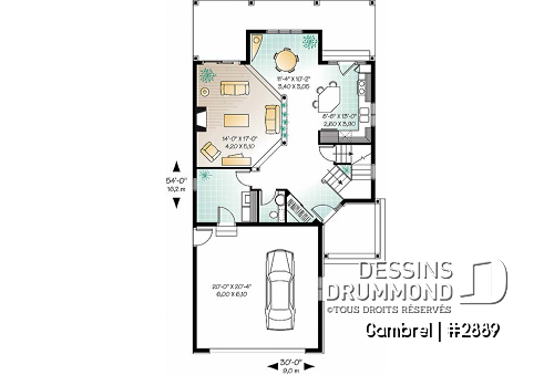 Rez-de-chaussée - Plan de grande maison terrain étroit avec garage double, 3-4 chambres, coin lecture & ordi au deuxième chambre - Gambrel