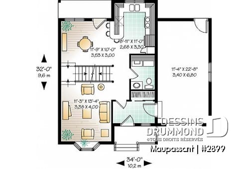 Rez-de-chaussée - Plan de maison à étage avec garage pour terrain étroit, 3 chambres, balcon privé à la chambre principale - Maupassant