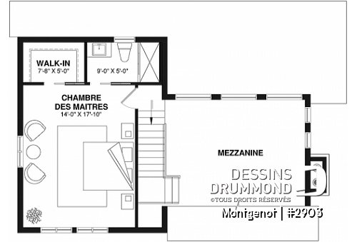 Étage - Plan de chalet panoramique, chambre des maîtres à l'étage, mezzanine, cuisine avec îlot, plafond cathédrale - Montgenot