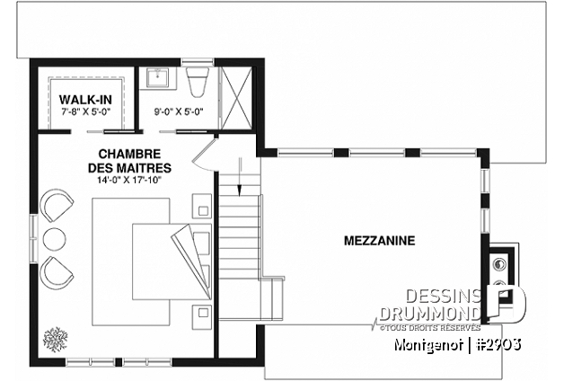 Étage - Plan de chalet panoramique, chambre des maîtres à l'étage, mezzanine, cuisine avec îlot, plafond cathédrale - Montgenot