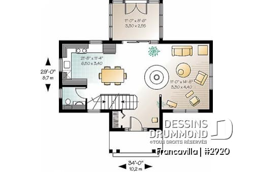 Rez-de-chaussée - Plan de chalet, chambre des parents avec walk-in et balcon, gros foyer central, ouvert, abri moustiquaire - Francavilla