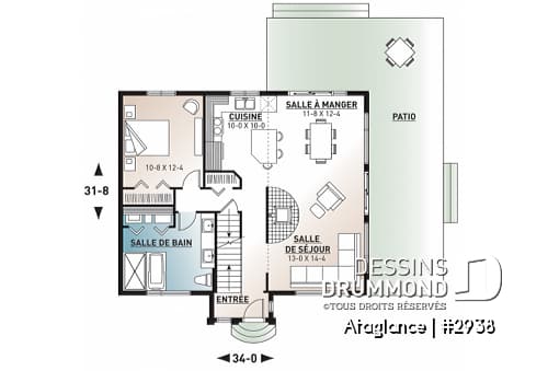 Rez-de-chaussée - Plan de chalet 3 chambres, très fenestré, foyer, mezzanine, plafond cathédrale, tout en lumière - Ataglance