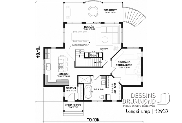 Rez-de-chaussée - Plan de chalet, 2 chambres + loft, grand balcon couvert, plancher à aire ouverte, mezzanine, foyer - Longchamp