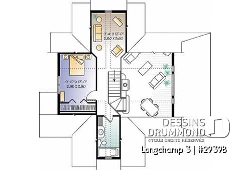 Étage - Plan de maison style chalet à la campagne, 2 chambres + loft à l'étage, mezzanine, belle terrasse abritée - Longchamp 3