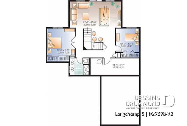 Sous-sol - Plan de chalet 3 chambres + salle de jeux, garage, grande cuisine, îlot, foyer, grande terrasse abritée  - Longchamp 5