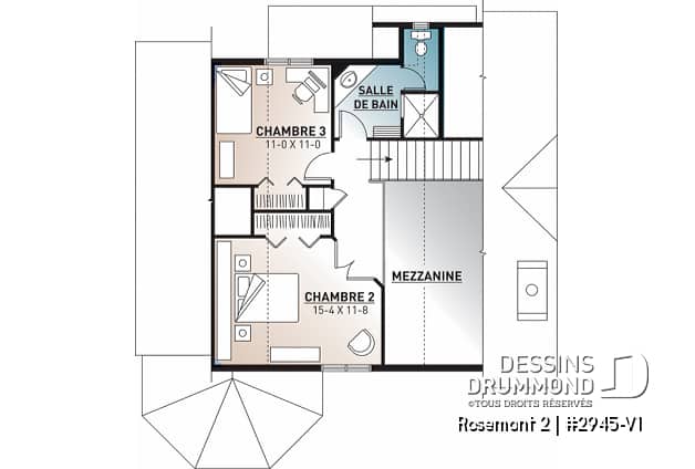 Étage - Plan de chalet 3 chambres, 2 salles de bain, mezzanine, foyer, aire ouverte, sous-sol rez-de-jardin non-fini - Rosemont 2