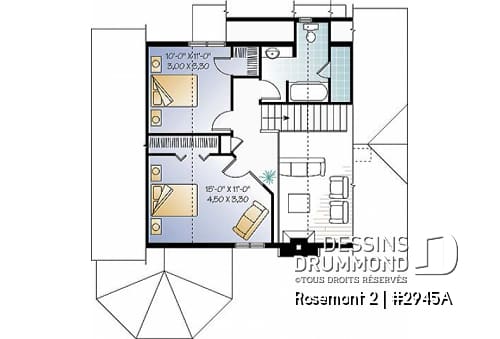 Étage - Plan de maison de campagne, 3 chambres, 2 salles de bain, mezzanine, cathédral, foyer - Rosemont 4
