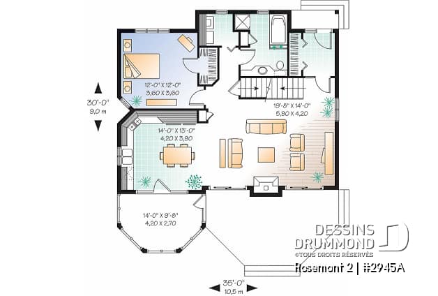 Rez-de-chaussée - Plan de maison de campagne, 3 chambres, 2 salles de bain, mezzanine, cathédral, foyer - Rosemont 4