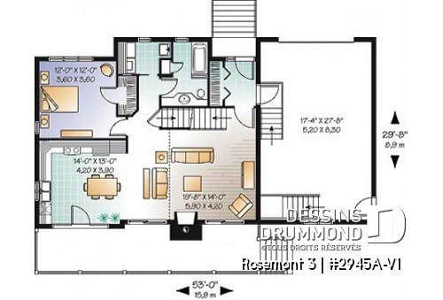 Rez-de-chaussée - Plan de maison genre chalet avec garage, foyer, style rustique, 3 chambres, 2 s.bain, mezzanine, cathédral - Rosemont 5