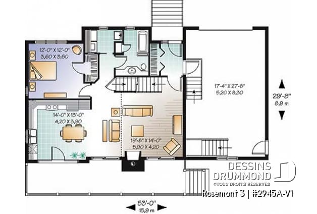 Rez-de-chaussée - Plan de maison genre chalet avec garage, foyer, style rustique, 3 chambres, 2 s.bain, mezzanine, cathédral - Rosemont 5