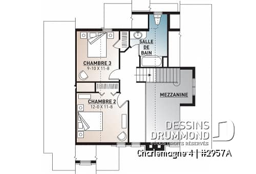 Étage - Plan de chalet rustique, 3 chambres, plafond cathédrale, foyer, grand balcon arrière, mezzanine - Charlemagne 4