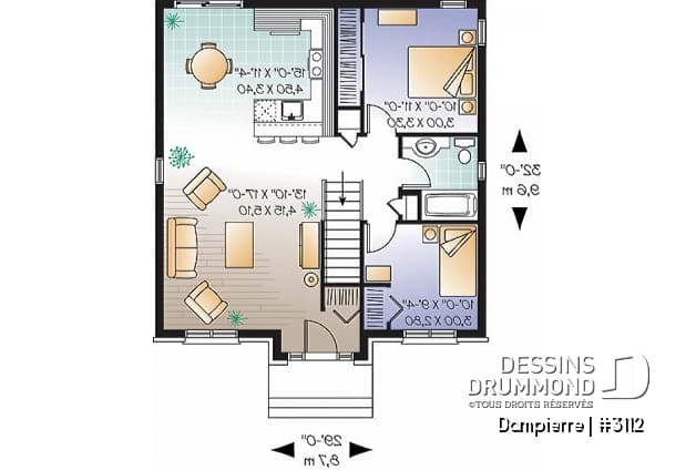 Rez-de-chaussée - Plan de petit plain-pied économique, 2 chambres, aire ouverte, cuisine avec comptoir lunch - Dampierre