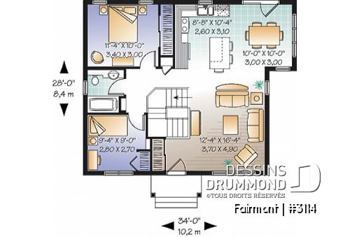 Rez-de-chaussée - Plan de plain-pied 2 chambres, très économique, grande cuisine avec îlot, salle à manger en solarium - Fairmont