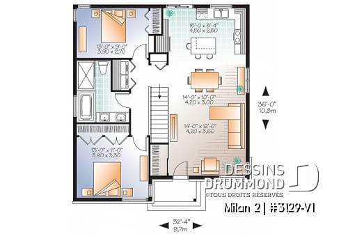 Rez-de-chaussée - Plan maison moderne 2 chambres, petit budget et idéale première maison, buanderie au r-d-c, îlot - Milan 2