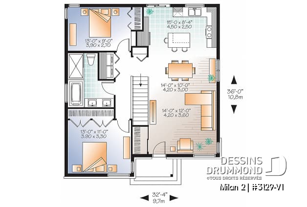 Rez-de-chaussée - Plan maison moderne 2 chambres, petit budget et idéale première maison, buanderie au r-d-c, îlot - Milan 2