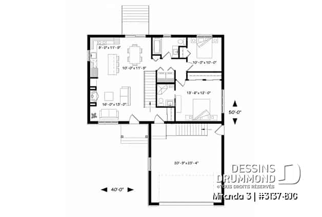 Rez-de-chaussée - Plan de plain-pied avec garage double, douche privée à la chambre des maîtres, grand îlot à la cuisine, foyer - Miranda 3