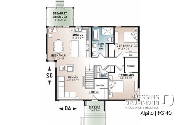 Rez-de-chaussée - Plan de petite maison moderne mid-century, 2 chambres, buanderie au rez-de-ch, vestiaire, belle cuisine - Alpha