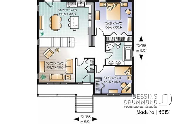Rez-de-chaussée - Plan de plain-pied 5 chambres (3 aménagées au sous-sol), 2 salons, cuisine avec îlot, vestibule, rangement - Madeira