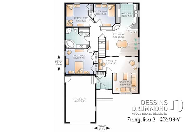 Rez-de-chaussée - Plan de maison 1 étage, 3 chambres, garage, grande salle familiale, coin ordinateur, style Cape Cod, foyer - Frangelica 2