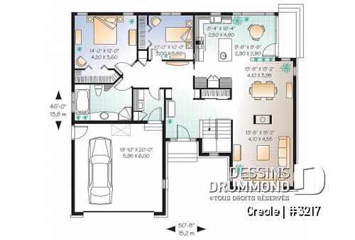 Rez-de-chaussée - Plan de plain-pied craftsman, 2 chambres, plafond cathédrale au séjour, garage double - Creole