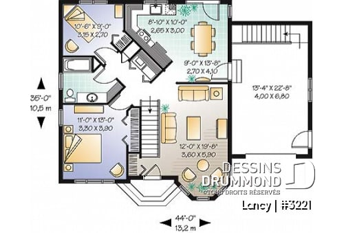 Rez-de-chaussée - Plan de bungalow économique, 2 chambres, garage simple, sous-sol non fini, à aménager - Lancy