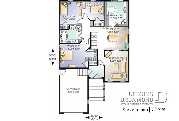 Rez-de-chaussée - Plain-pied traditionnel idéal pour terrain étroit avec 3 chambres au même niveau, et garage - Beauchemin