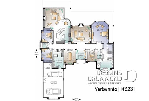 Rez-de-chaussée - Plan de grand bungalow, 3 à 4 chambres, style méditerranéen, garage triple, bureau, foyer, grande cuisine - Verbennia