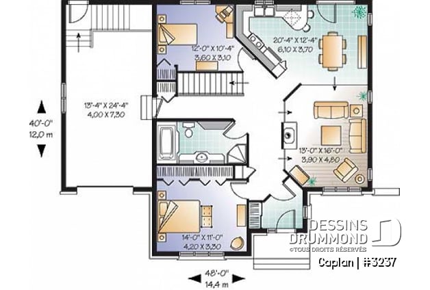 Rez-de-chaussée - Plan de bungalow 2 chambres, garage, foyer, salle de séjour abaissée, vestibule fermé - Caplan