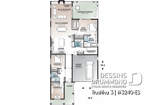 Rez-de-chaussée - Plan de plain-pied Craftsman, 3 chambres, 2 sdb, plafond 9', dalle de béton, îlot, grande terrasse abrité - Rustika 3