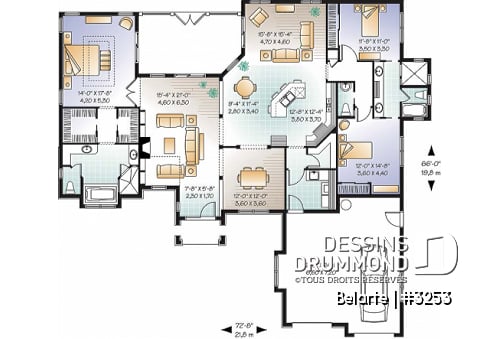 Rez-de-chaussée - Plan de plain-pied style ranch, 3 chambres, garage double, plafond 10' à 13', patio couvert - Belarte