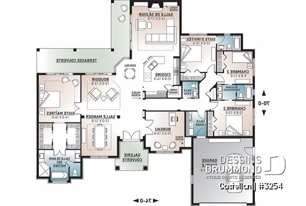 Rez-de-chaussée - Plan de maison plain-pied 4 chambres, bureau à domicile, 3.5 salles de bain, garage double - Castellan
